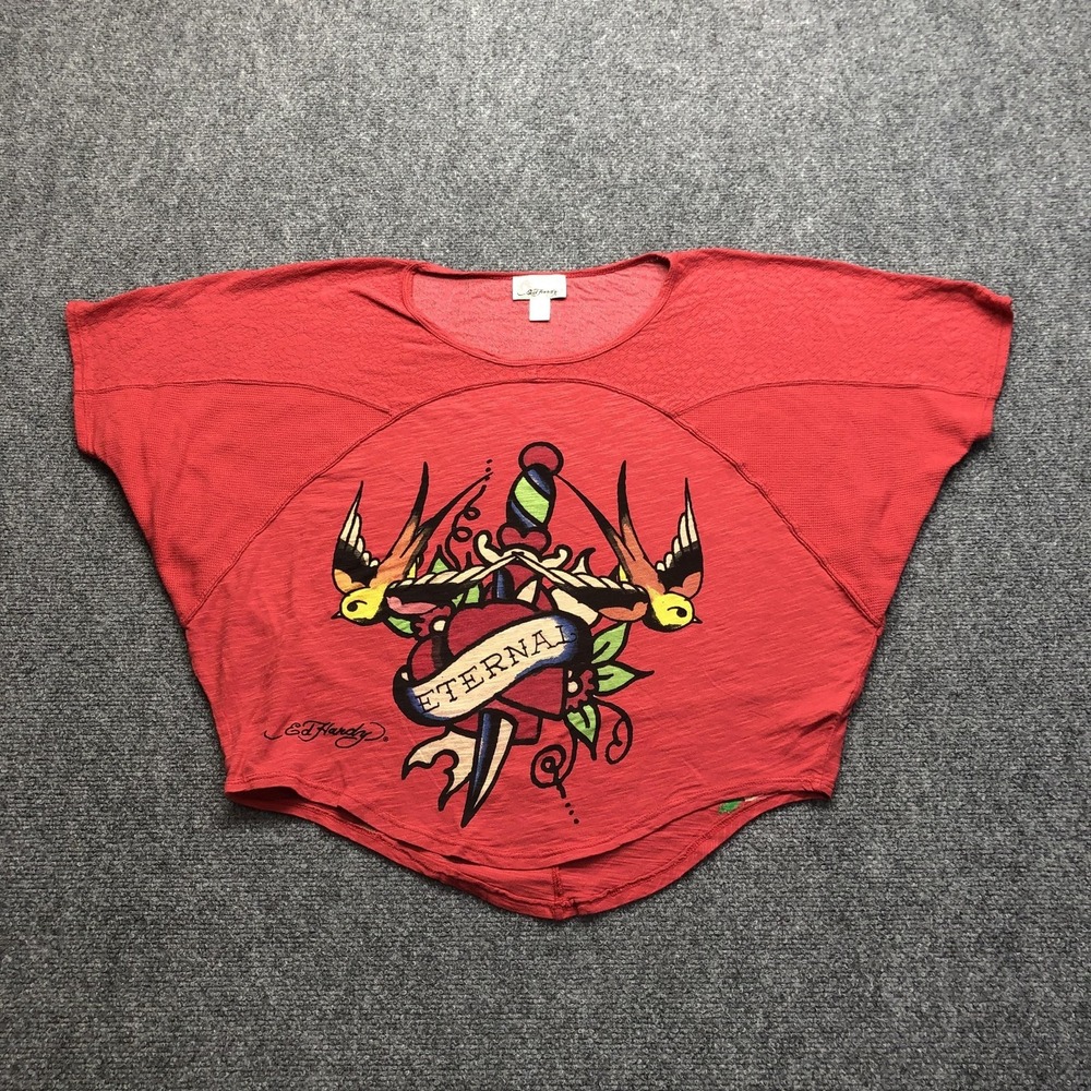 Ed Hardy Shirt Womens XS Red Eterna Swallow Dagger Tattoo Graphic Tunic